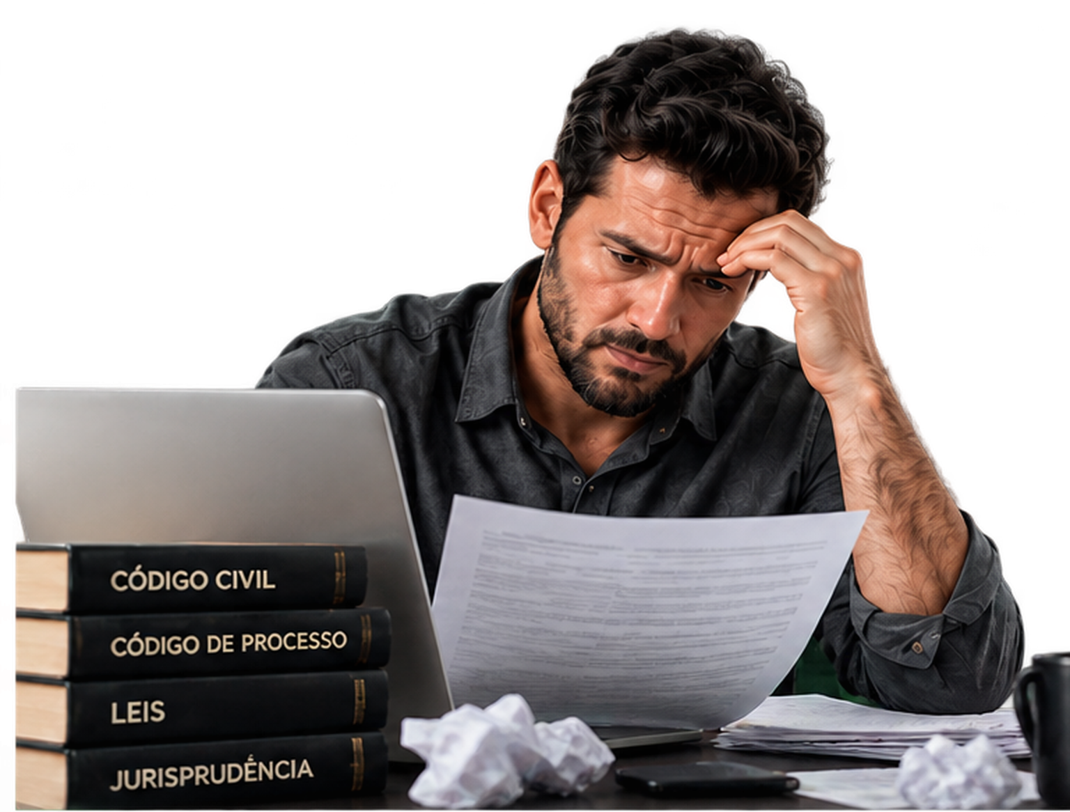 Pessoa preocupada examinando documentos do processo